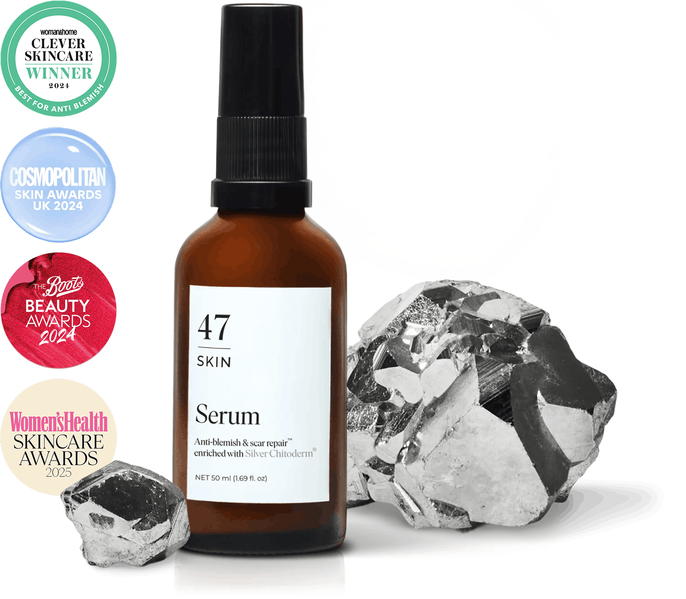 47 Skin serum, Silver Chitoderm ingredient, and skincare awards