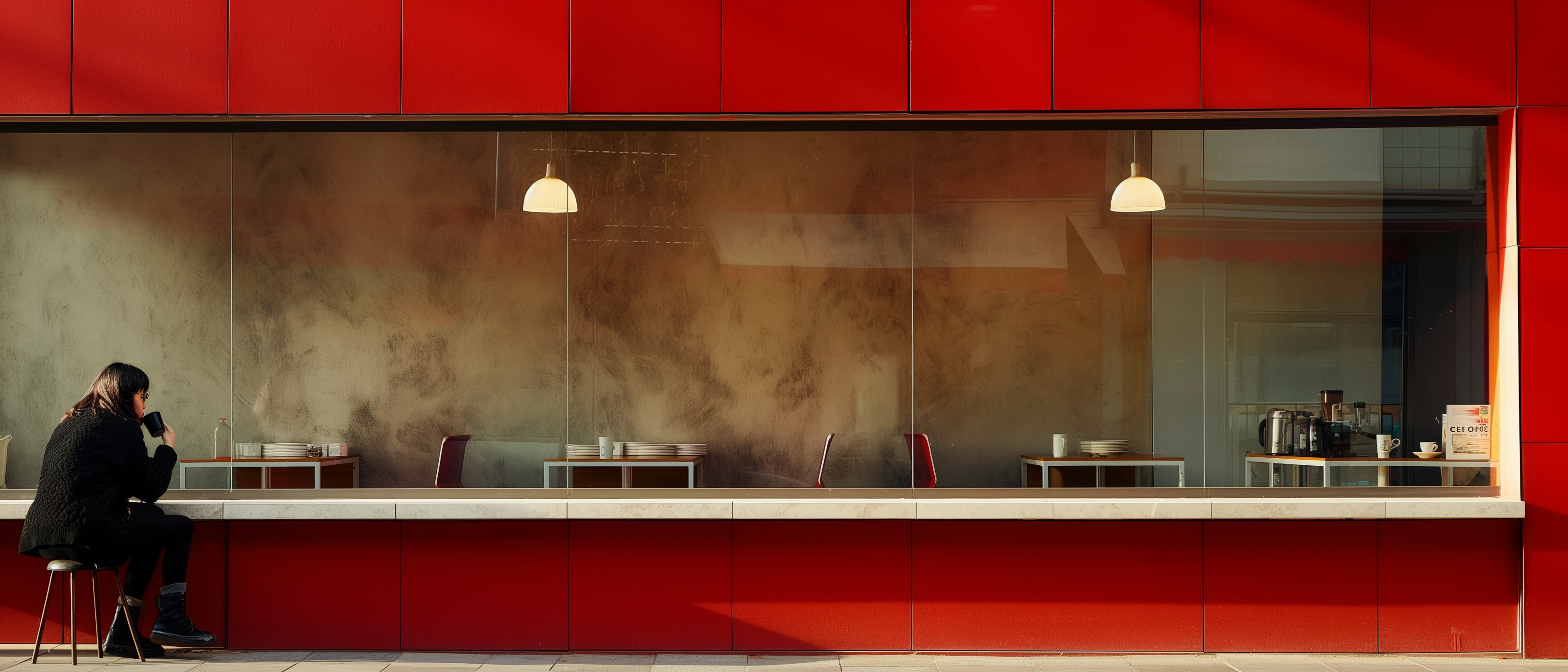Warm red-fronted café with plants