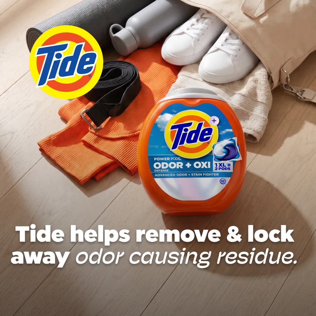 Tide Odor Oxi Pods with workout gear and odor-care campaign message